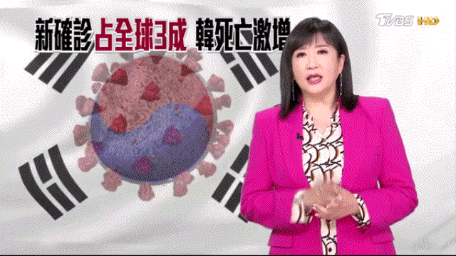 지난달 16일 대만 지상파 방송국 TVBS 뉴스가 우리나라 코로나19 상황을 보도하면서 태극 문양에 바이러스 모양 CG를 입혔다./사진=TVBS 유튜브 갈무리