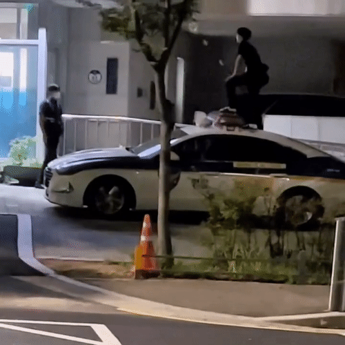 한 소년이 긴 막대를 들고 서울 강동경찰서 고덕파출소 앞에서 난동을 부리는 영상이 지난 12일 공개됐다./사진=온라인 커뮤니티
