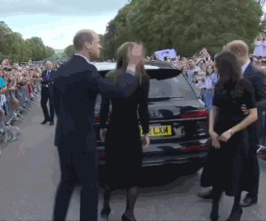 지난 10일 영국 윈저성 앞에서 해리 왕자가 아내 메건 마클 왕자비를 위해 차량 문을 열어주고 있다./사진=트위터