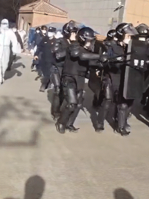 신장 위구르 자치구 카슈가르 지구 예청현에서 한 여성이 무장한 경찰을 홀로 막아서고 있다./사진='whyyoutouzhele' 유튜브