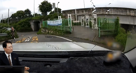 지난 8월 14일 경기 안성시의 한 2차선 도로에서 자전거 운전자가 마주 오던 차량을 보고 놀라 혼자 넘어진 장면 / 영상=유튜브 채널 '한문철TV'