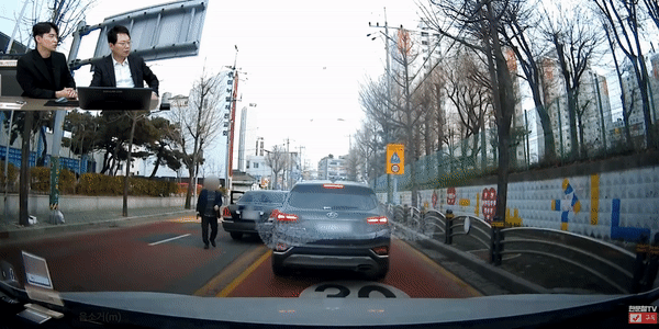 차에서 내린 뒤 차량을 향해 권총을 겨누는 시늉을 하는 한 중년 남성 /영상=유튜브 채널 '한문철TV'