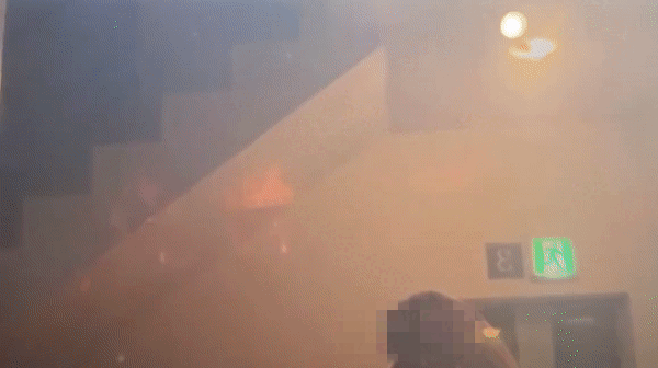 지난 11일 오전8시쯤 강릉 원주시 ㅍ숙박업소 맞은편 펜션이 불에 타고 있다. ㅍ호텔 직원 이모씨는 "화염과 연기로 오전 8시임에도 밖이 전혀 보이지 않았다"고 말했다. 숙박업소 내부에서 촬영한 영상. /영상=독자 제공