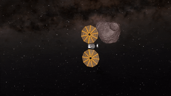 태양계 행성인 화성과 목성 사이에 있는 소행성 '딘키네시'(Dinkinesh)를 근접 비행하는 우주선 루시(노란색)의 임무 모식도. / 영상=미국항공우주국(NASA)