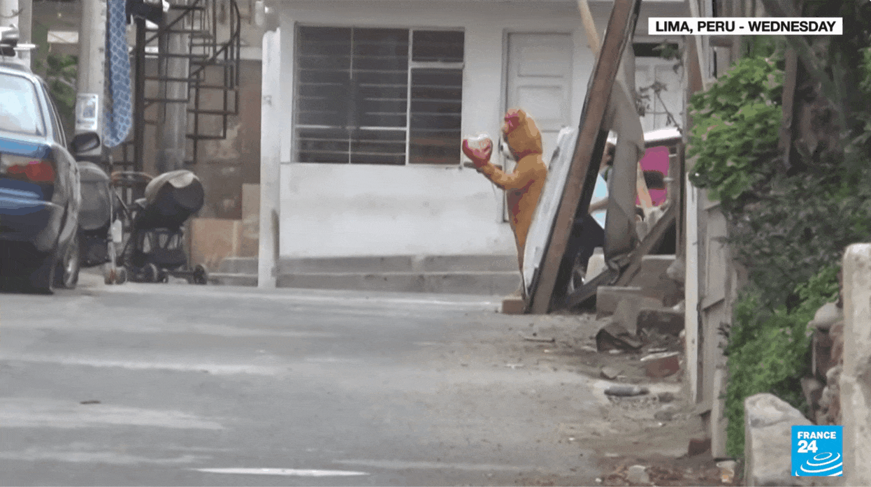 곰인형 탈을 쓰고 마약상을 체포하는 페루 경찰 /영상=FRANCE 24 유튜브