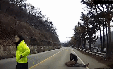 지난 11일 오후 2시쯤 운전자 A씨 커플이 노상 방뇨를 하다 쓰러진 노인 곁을 구조대가 올 때까지 지키는 모습./영상=유튜브 채널 '한문철 TV'