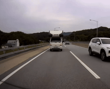 오리가 건너가는 걸 보고, 2차선으로 천천히 함께 움직여준 화지씨. 그걸 보고, 비상등을 켜며 속도를 줄여준 트럭. 고맙습니다./사진=화지씨 제공