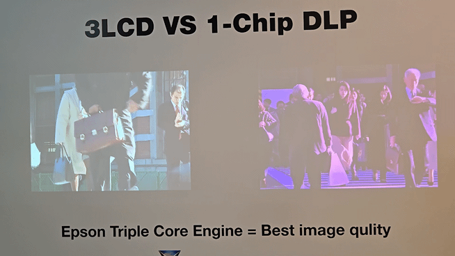 '3LCD'와 '1-Chip DLP' 기술 비교. 신기술 3LCD는 빨강·초록·파랑 세 광원이 동시에 사용된다./영상=이찬종 기자