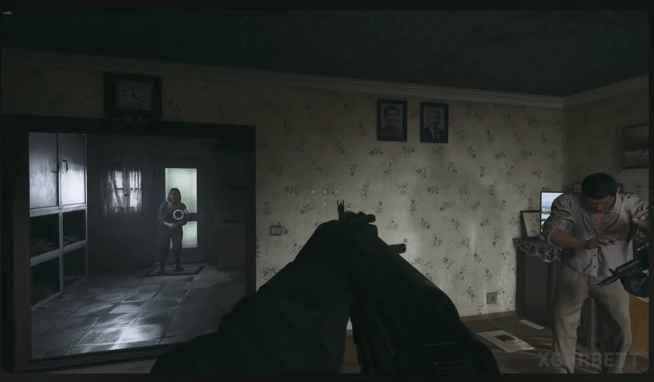 In 'Call of Duty: Modern Warfare 4,' if a player taking on the role of North Korean military shoots the portrait of the supreme leader with a gun, they are immediately executed and the game ends. /Video=Screenshot from 'xGarbett's YouTube channel