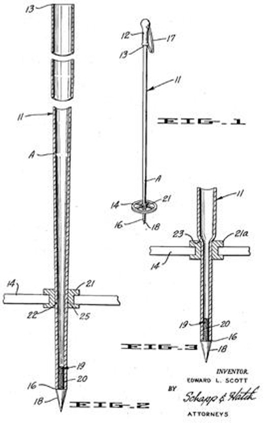 최초의 현대식 스키 폴대 특허도면(1958)
알루미늄이라는 소재의 선택은 특허의 대상이 아니다. 또한 손잡이(12), 끈(17), 기둥(11), 바스켓(14) 등 폴대의 기본 구성품은 본 발명이 있기 훨씬 이전에 결정되었다. 다만 발명자는 자신의 아이디어를 재료역학 지식을 이용하여 "폴대 위쪽은 경량화하되 굽힘(bend)에도 강할 필요가 있으므로 두께를 줄이면서 지름은 키우고, 아래쪽은 스키나 외부 장애물과의 충돌에 의한 변형(dent) 가능성이 있으니 표면의 강도를 높이기 위해 두께를 증가시키고 대신 지름은 줄인다"라고 설명했다. 등산 스틱의 기본 구조도 이와 동일하다. / Ed Scott, US3076663, 'Ski Pole Construction'.