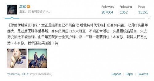 중국 웨이보를 통해 퍼진 김정은 신변이상 루머 /사진='웨이보'캡처