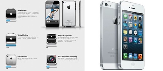 프랑스 IT매체 nowhereelse에서 공개한 아이폰5 콘셉트디자인(왼쪽)과 실제 출시된 아이폰5 /사진=nowhereelse, 애플