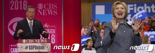 15일 CNN 경선 예측 결과, 미국 대선 경선의 주요 승부처인 오하이오주에서 선두를 달리고 있는 공화당 존 케이식 오하이오 주지사(왼쪽)와 민주당 힐러리 클린턴 전 국무장관. /자료사진=뉴스1