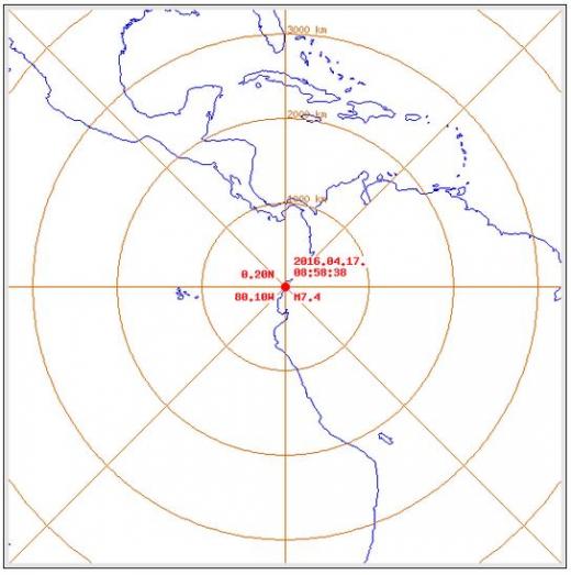 지난 4월 17일 8시 58분 에콰도르 페데르날레스 북북서쪽 14km 해역에서 발생한 규모 7.4 지진. /자료=기상청(미국지질조사소 분석결과)