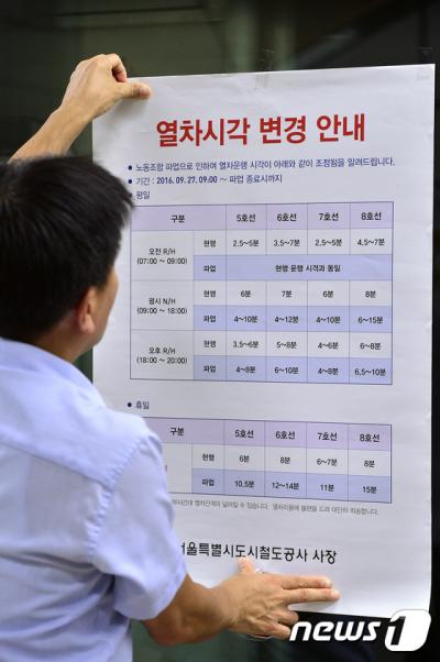 지하철 파업 시간표. 지하철 파업을 하루 앞둔 어제(26일) 오후 서울 성동구 5호선 답십리역 플랫폼에서 역무원들이 변경되는 열차 시간표를 게시하고 있다. /사진=뉴스1