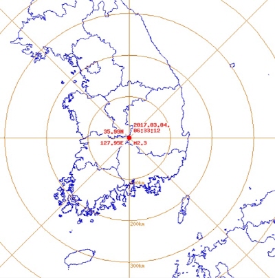 4일 오전 6시33분 경 경북 김천시 남서쪽 22㎞ 지점에서 규모 2.3의 지진이 발생했다. /사진=대구기상지청 