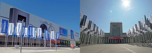 독일 베를린에서 다음달 1일부터 6일까지 열리는 IFA 2017 개막을 앞두고 삼성전자(왼쪽)와 LG전자가 대규모 옥외광고를 설치했다. /사진=각사 제공