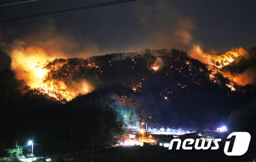 27일 오후 5시 40분쯤 경북 구미시 고아읍 대망리 왕산골 캠핑장 뒷산에서 난 산불이 강한 바람을 타고 빠른 속도로 번지고 있다. /사진=뉴스1
