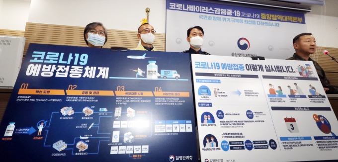 정은경 질병관리청장이 28일 충북 청주시 질병관리청 브리핑실에서 열린 코로나19 백신 접종체계 브리핑에서 관계부처 담당자들과 함께 접종 체계 안내판 앞에 서 있다./사진=장수영 뉴스1 기자