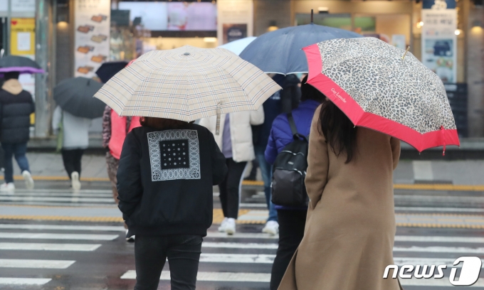 비가 내린 1월 26일 제주시 이도이동 거리에서 우산을 쓴 시민들이 발걸음을 옮기고 있다. 2021.1.26/뉴스1 © News1 오현지 기자