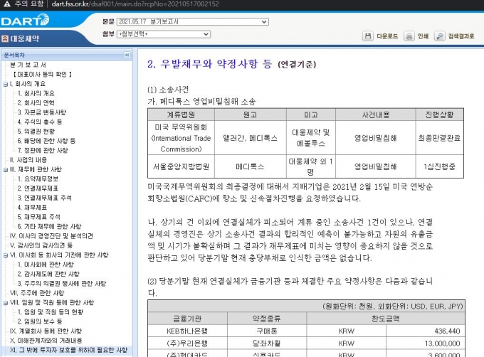 2021년 5월17일 분기보고서 공시 원문./사진=대웅제약