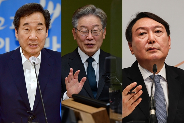 대선후보 적합도 여론 조사에서 이재명 경기도지사가 선두를 달린다는 결과가 나왔다. 사진은 이낙연(왼쪽부터) 전 민주당 대표, 이재명 경기도지사, 윤석열 전 검찰총장. /사진=뉴시스
