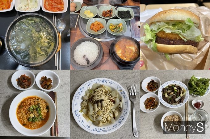 비건 기간 찌개 등을 먹을 때 고기와 육수를 빼달라고 요청했다. 사진은 비건 체험 전반기 식단. 가자미를 뺀 가자미 미역국, 비건 라면, 고기 뺀 순두부찌개, 두부면으로 만든 알리올리오, 비건 버거, 대체육 양념갈비. /사진=김동욱 기자