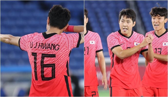 도쿄올림픽 남자 축구대표팀의 황의조(왼쪽)와 이강인이 지난 28일 열린 B조 예선 3차전 온두라스와의 경기에서 골을 넣고 각자의 세리머니'를 선보였다. /사진= 뉴스1