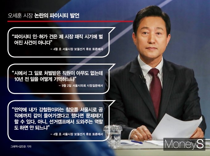 올 4월 초 열린 토론회에서 박영선 더불어민주당 후보가 당시 오세훈 후보에게 “감옥생활 했던 분을 캠프 비서실장으로 함께하고 있는데 이상하지 않냐”고 질문하자 이에 대해 오 후보는 “만약에 내가 강철원이라는 참모를 서울시로 공직에까지 같이 들어가겠다고 했다면 문제제기할 수 있다”며 “아니, 선거캠프에서 도와주는 역할도 하면 안 되냐”고 반문했다. /그래픽=김민준 기자