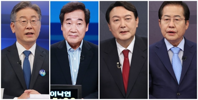 대선주자 호감도 조사 결과 이재명 경기도지사 34%, 윤석열 전 검찰총장 30%, 홍준표 의원(국민의힘·대구 수성을) 28%, 이낙연 전 더불어민주당 대표 24% 순이었다. 사진은 (왼쪽부터) 이 지사, 이 전 대표, 윤 전 총장, 홍 의원 모습. /사진=국회사진취재단