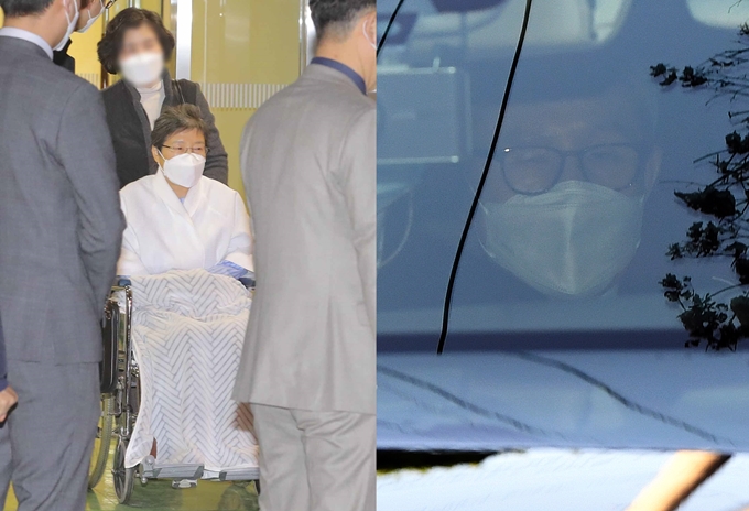 박근혜·이명박 두 전직 대통령이 올해 추석은 면회 없이 홀로 보낼 것으로 예상된다. 왼쪽 사진은 지난 2월9일 서울성모병원에서 나오는 박 전 대통령. 오른쪽 사진은 지난해 11월2일 동부구치소로 재수감되는 이 전 대통령. /사진=뉴스1