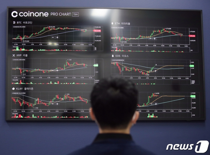 비트코인 상장지수펀드(ETF)가 19일(현지시간)부터 뉴욕증권거래소(NYSE)에서 거래가 정식 시작됨에 따라 비트코인이 5% 가까이 급등해 사상최고치에 근접하고 있다. 비트코인 사상최고치는 지난 4월 14일 기록한 6만4895달러다. 이제 비트코인은 사상최고치 경신까지 약 600달러만 남겨두고 있다. 사진은 20일 오후 서울 용산구 코인원 고객센터 모니터에 비트코인 시세가 표시돼 있는 모습. 2021.10.20/뉴스1 © News1 김진환 기자