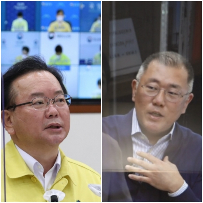 오늘(22일) 김부겸 국무총리(사진 왼쪽)와 정의선 현대차그룹 회장(사진 오른쪽)이 만나 청년 일자리 4만개 창출을 논의한다. /사진=뉴스1, 현대차그룹