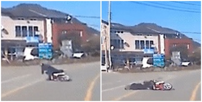 유튜브 한문철 TV에 3일 비접촉 사고 영상이 올라왔다. 차량 운전자는 억울하다며 영상을 보냈다. 사진은 좌회전을 하는 차량 보고 넘어진 오토바이. /사진=한문철 TV