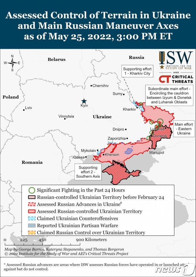 2022년 5월 25일(현지시간) 기준 우크라이나-러시아 전황. 미 전쟁연구소(ISW) 홈페이지 갈무리. © 뉴스1