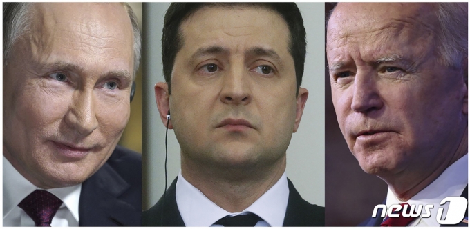 왼쪽부터 블라디미르 푸틴 러시아 대통령, 볼로디미르 젤렌스키 우크라이나 대통령, 조 바이든 미국 대통령. © AFP=뉴스1