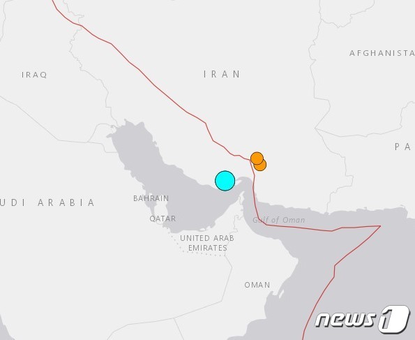 이란 남부 지역에서 규모 6.0 지진이 발생했다고 유럽지중해지진센터(EMSC)가 밝혔다. 미국 지질조사국(USGS)는 지진의 규모를 6.1로 관측했다. 2022.07.02/뉴스1© 뉴스1(USGS 갈무리)