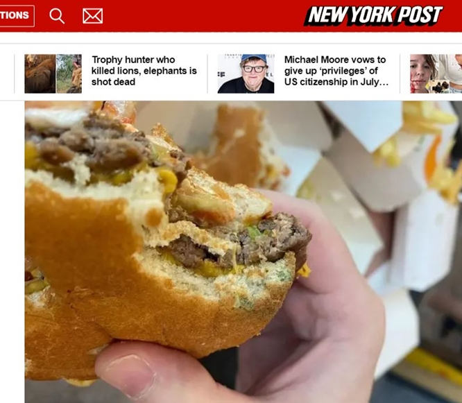 지난 5일(현지시각) 러시아판 '짝퉁' 맥도날드 햄버거에서 곰팡이가 나왔다는 보도가 나왔다. 사진은 해당 햄버거 모습. /사진=미 매체 뉴욕포스트 공식 홈페이지 캡처