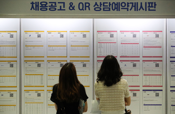  5일 오후 서울 강남구 코엑스에서 열린 2022 중견기업 일자리 박람회를 찾은 구직자들이 채용공고 게시판을 살펴보고 있다./사진=뉴시스