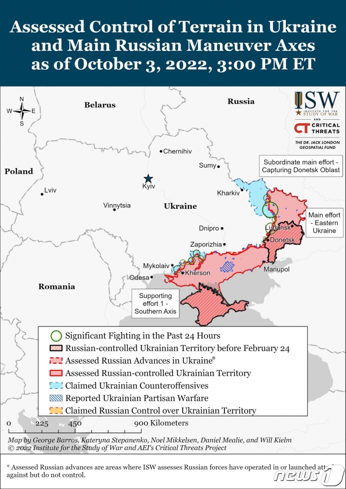 미 전쟁연구소(ISW)가 시각화 한 2022년 10월 3일 기준 우크라이나 전황.