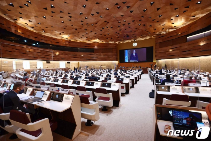 2022년 3월 2일(현지시간) 스위스 제네바에서 유엔 인권이사회 회의가 열렸다. ⓒ AFP=뉴스1 ⓒ News1 김지현 기자