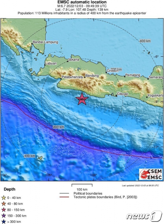 인도네시아 서자바에서 3일(현지시간) 오후 4시49분(한국시간 오후 6시49분) 규모 6.7의 지진이 발생했다고 유럽지중해지진센터(EMSC)가 밝혔다.(EMSC 홈페이지 갈무리).
