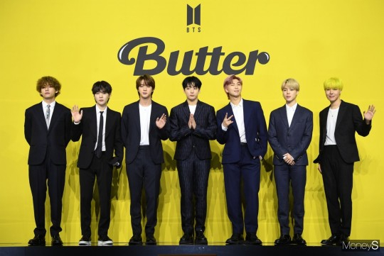 그룹 방탄소년단이 골든디스크 영예의 음반 부문 대상을 차지했다. 사진은 지난 2021년 5월 서울 송파구 방이동 올림픽공원 올림픽홀에서 열린 새 디지털 싱글 'Butter'(버터) 발매 기념 글로벌 기자간담회에 참석한 그룹 방탄소년단. /사진=장동규 기자