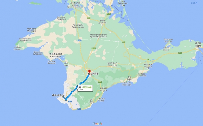 러시아 크림반도(크름반도) 주도 세바스토폴은 심페로폴리에서 남서쪽 78㎞ 거리에 위치해있다. (구글 지도 갈무리) 2023.2.2