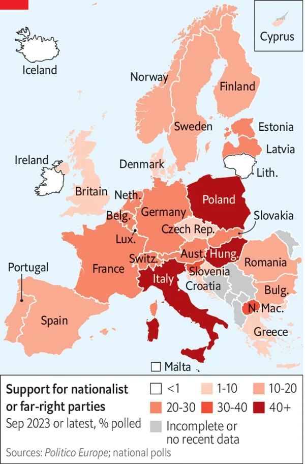유럽 국가별 민족주의 또는 극우 정당 지지율. 짙은 색일수록 지지율이 높다.