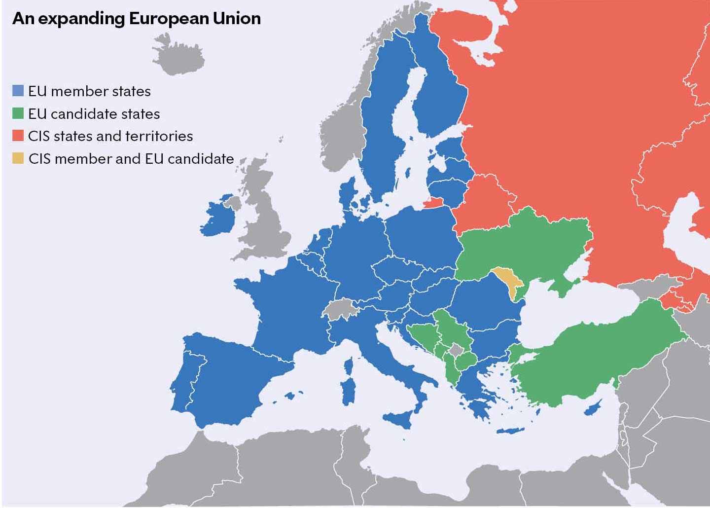 유럽연합의 확장 범위는 러시아 영향권에 속하는 독립국가연합(CIS)과 겹치게 될 가능성이 있다.