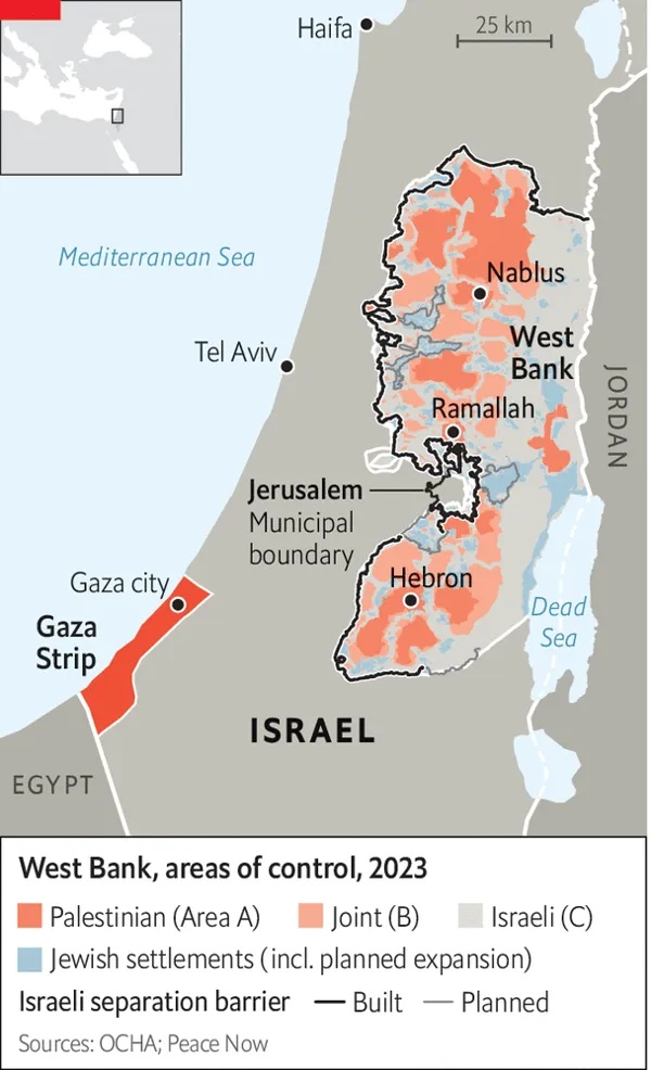 서안(웨스트뱅크)지구의 2023년 지역 통제 상태. 팔레스타인 통제 지역과 이스라엘 통제 지역, 공동 통제 지역, 거기에 유대인 정착촌까지 매우 복잡한 양상이다. /그래픽=The Economist