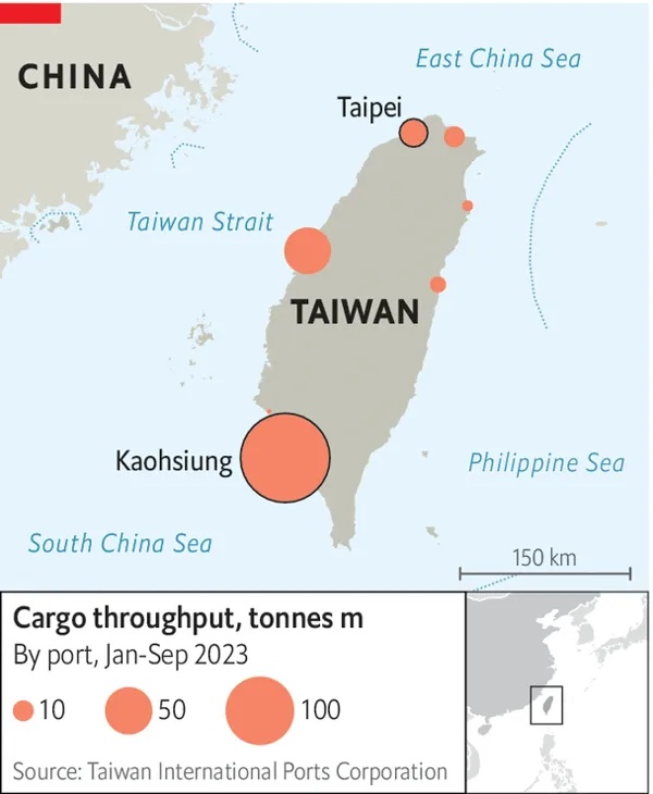 대만 주요 항구의 2023년 1~9월 물동량 비교. /그래픽=The Economist