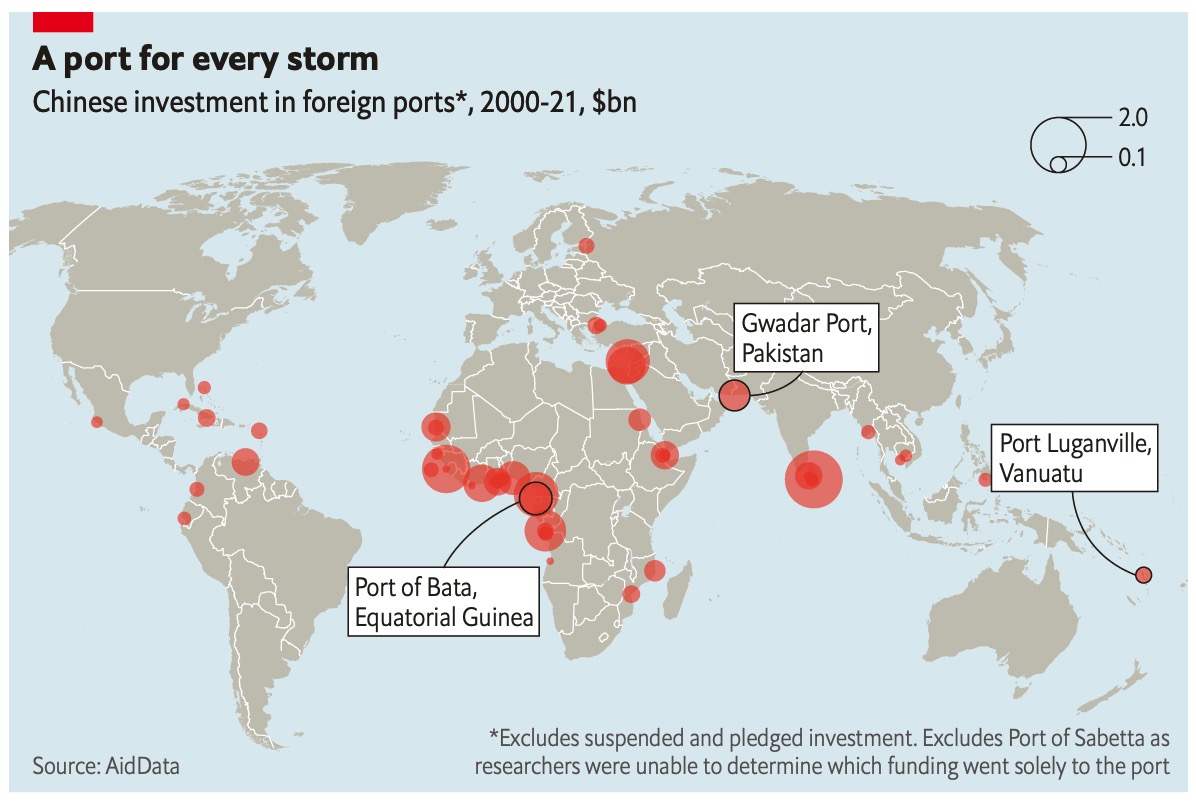 중국의 2000~2021년 외국 항구 투자액 비교. /그래픽=The Economist