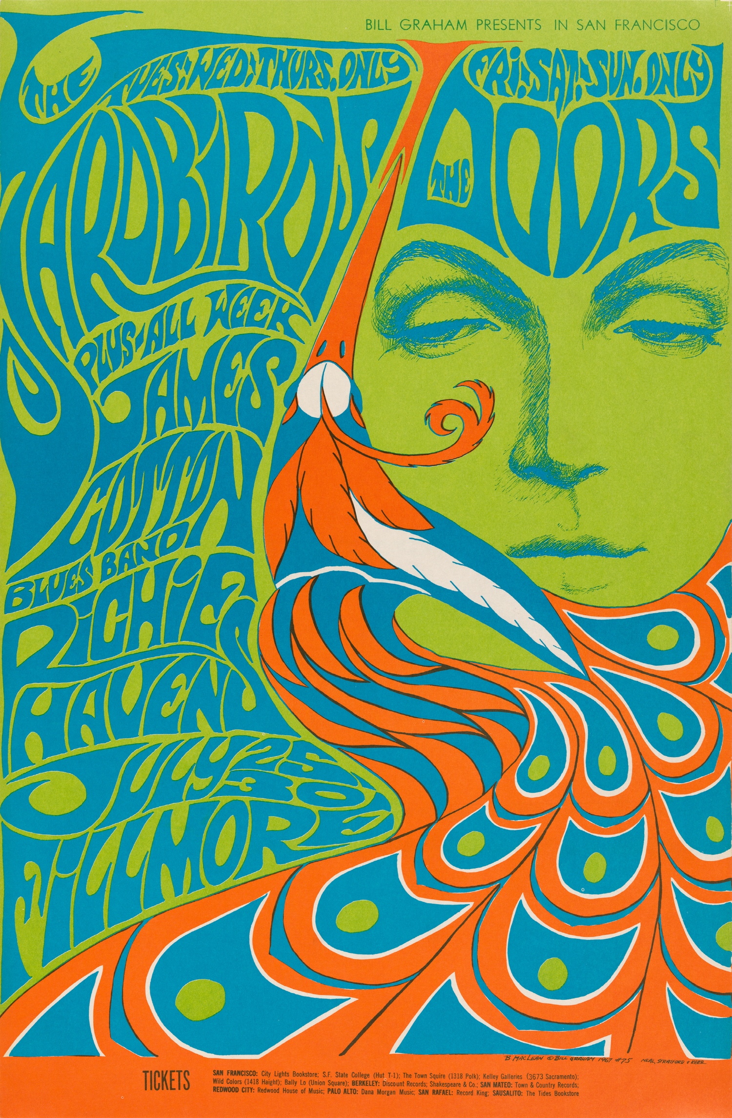 Bonnie MacLean, <The Yardbirds and The Doors at the Fillmore Auditorium, San Francisco, July 25–30, 1967>, 1967, San Francisco Museum of Modern Art, gift of Jim Chanin; © Wolfgang's Vault; photo: Don Ross